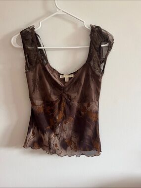 Sheer Floral Brown Lace-Trim Short Sleeve Tank Top